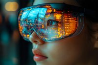 Futuristic augmented reality glasses reflect digital data and city lights on lens surface while worn by young Asian woman in dark atmospheric setting.