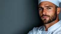 Professional chef in white uniform and hat looking confidently ahead against dark background, dramatic side lighting creates atmospheric mood for restaurant industry.