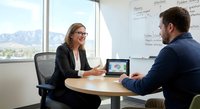 Professional businesswoman with glasses presenting data analytics on laptop to male colleague in modern office meeting room with mountain view and whiteboard.