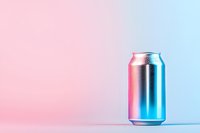 Metallic aluminum beverage can with condensation droplets illuminated by gradient pink and blue lighting on minimalist background for product advertising.