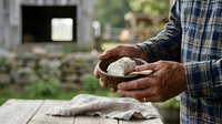 Farmer holding fresh harvested potato in hands outdoors, agricultural produce and rural farming lifestyle concept for agricultural marketing and farm-to-table content.