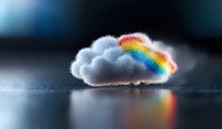 Fluffy white cloud with vibrant rainbow reflection on dark background, creative atmospheric composition with soft light and mirror effect on reflective surface.