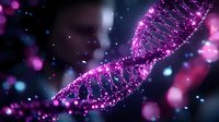 Glowing pink DNA helix structure with sparkles and bokeh effects on dark background, scientific molecular genetics concept for medical research and biotechnology.