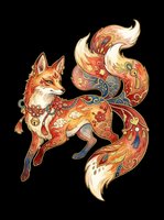 Ornate kitsune fox with floral patterns, gold accents, and flowing tails, isolated on transparent background. Ready for stickers, t-shirt design, and print on demand.
