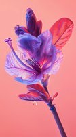 Vibrant purple and coral flower with delicate petals against pink background, showcasing dramatic lighting and intricate botanical details. Artistic macro photography.