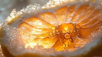 Fresh orange slice with water droplets and bubbles creating refreshing citrus splash effect for healthy lifestyle and nutrition concepts.