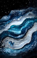 Abstract fluid art in deep ocean blue and silver tones with wavy layers, sparkling effects and golden line accents creates cosmic underwater atmosphere.