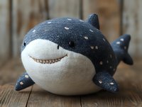 Cute plush whale shark toy with polka dot pattern on navy blue fabric, smiling face and white belly, sitting on wooden surface. Soft textile children decor.