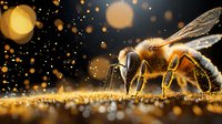 Macro shot of honey bee collecting golden pollen, illuminated by sunlight with magical bokeh effect and sparkling particles in dark background.