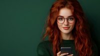 Young woman with red curly hair and glasses holding smartphone against green background, wearing knitted sweater. Natural daylight portrait with soft smile.