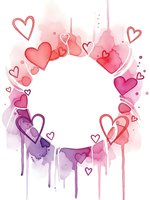 Watercolor hearts frame with paint drips in pink and purple tones, romantic border design for Valentine's Day cards and wedding invitations.