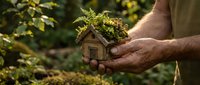 Hands holding miniature wooden house with green moss roof in forest setting symbolizing eco-friendly living and sustainable housing concepts.