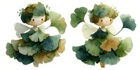 Cute fairy children with ginkgo leaf wings and crowns on white background, isolated fantasy characters for nursery decor and children's design projects.