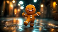 Cheerful gingerbread man character running on wet city street at night with festive bokeh lights in background.