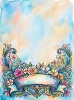 Watercolor floral frame with ornate banner and roses on pastel background, copy space for text, greeting card or invitation design.