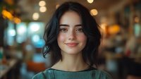Young woman with dark wavy hair and natural makeup smiling warmly at camera in soft bokeh lighting. Casual portrait with blurred cafe interior background creates welcoming atmosphere.