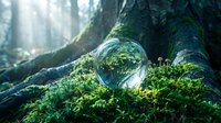Crystal sphere resting on moss-covered forest floor with sunbeams filtering through trees, creating magical woodland atmosphere for nature concepts.