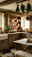 Rustic farmhouse kitchen with copper pots, wooden cabinets, hanging herbs, farmhouse sink, and stone walls in warm earthy tones.