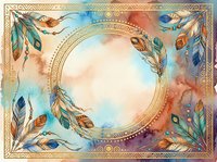 Watercolor frame with ornate gold border, feathers, and flowing botanical elements in warm and cool tones, ideal for invitations, cards, and design backgrounds.