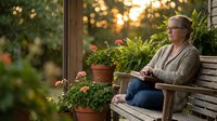 Senior Caucasian woman relaxing on wooden bench surrounded by potted plants and flowers during golden hour sunset on outdoor patio or garden terrace.