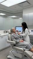 Professional dermatologist examining mature woman patient in modern medical clinic treatment room with advanced equipment and clean white interior.