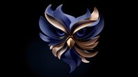 Stylized metallic owl face with blue and gold feathers in dramatic lighting against dark background, artistic bird symbol design for logos and branding.