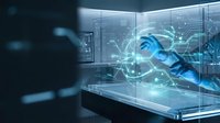Technician in blue gloves examines holographic digital interface with circuit patterns and data visualization in modern laboratory setting for technology and innovation concepts.