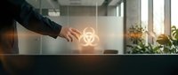 Businessman hand touching glowing biohazard symbol on modern office desk with windows and plants, representing health risk awareness and safety protocols.