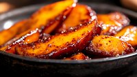 Caramelized peach slices glazed with honey and balsamic reduction served in black ceramic bowl, macro food photography showing juicy texture and golden color.