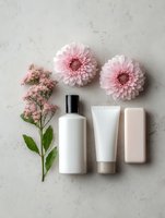 Pink chrysanthemum flowers with skincare products on light marble background, natural cosmetics flatlay for beauty brands.