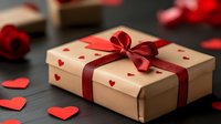Romantic gift box wrapped in kraft paper with red ribbon and heart decorations for Valentine's Day celebration and love occasions.