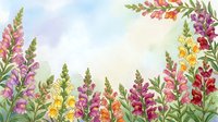 Watercolor snapdragon flowers border in pink, purple, yellow and red on soft pastel background with copy space for text or design.