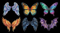 Six colorful wings set isolated on transparent background, including angel, butterfly, phoenix, dark, and dragon wings for stickers, t-shirt design, and print on demand.