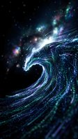 Digital wave of glowing particles and light streams flowing in spiral motion against dark background. Suitable for technology, innovation, and data visualization concepts.