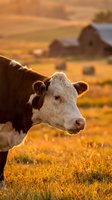 Hereford cow grazing in golden sunset light on a rural farm with hay bales and barn in the soft-focus background.