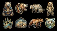 Watercolor brown bear clipart set with eight elements isolated on transparent background, ready for stickers, t-shirt design, print on demand, and sublimation projects.
