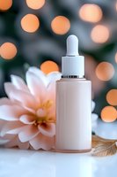 Elegant cosmetic dropper bottle with pink serum against blurred bokeh lights and delicate flower, luxury skincare product photography on white surface.