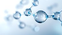Molecular structure visualization in blue tones showing water molecules connected in chain formation with selective focus and bokeh background.