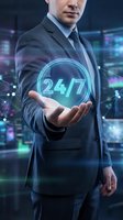 Professional businessman in suit presenting glowing 24/7 service hologram with futuristic digital interface background for customer support concepts.