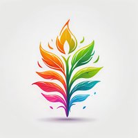 Vibrant multicolored leaf design with gradient rainbow effect from pink to blue, featuring flowing organic shapes and dynamic movement on light background.