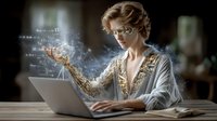 Young woman with glasses working on laptop with glowing digital interface projecting from her hands. Futuristic technology concept showing virtual reality interaction.