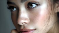 Close-up portrait of young Asian woman with natural makeup, glowing skin, and soft lighting highlighting facial features against dark background.