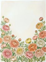 Watercolor ranunculus flowers border frame on beige background with copy space for text, wedding invitations and greeting cards design.
