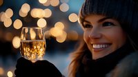 Young Caucasian woman in winter hat holding glass of white wine against blurred bokeh lights background, celebrating outdoors on cold evening.