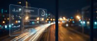 Futuristic digital interface displays data analytics over blurred city street with car light trails at night showcasing smart technology concepts.