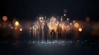 Glowing light pillars rise from dark surface against night sky with golden bokeh effect, creating magical illuminated cityscape atmosphere.