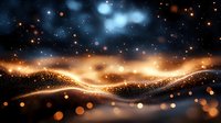 Abstract cosmic landscape with golden flowing waves and sparkling particles against starry night sky background for digital art projects.