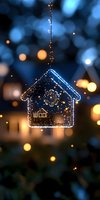 Glowing house-shaped Christmas ornament hanging against blurred bokeh lights background in blue and gold tones, creating magical holiday atmosphere.