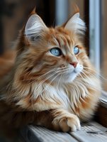 Beautiful ginger Maine Coon cat with striking blue eyes and luxurious long fur relaxing by window, perfect for pet care advertising or animal portraiture projects.