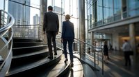 Two business professionals walking up modern glass staircase in corporate office building with city skyline view during golden hour sunlight.